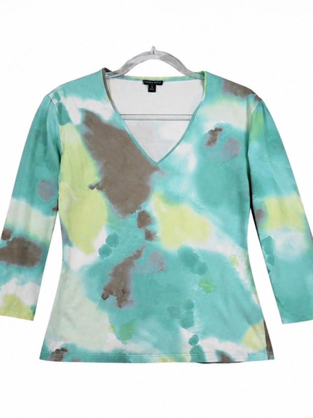 Lafayette 148 New York Teal, Lime & Gray V-Neck Long Sleeve Top large